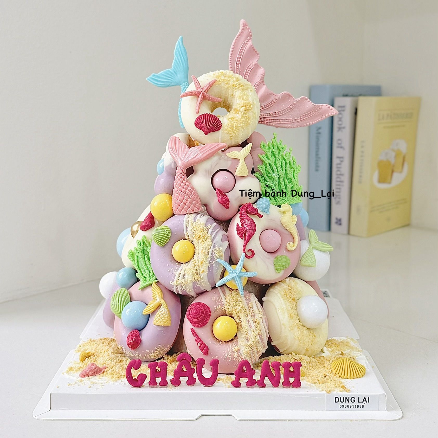 Tháp bánh donut 17c đuôi cá tone hồng