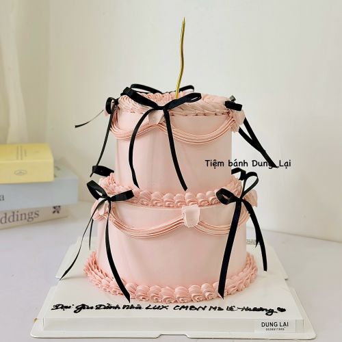 Bánh 2 tầng hồng nơ đen, Bánh Sinh Nhật 2 tầng, Bánh Sinh Nhật bánh tầng, Bánh Sinh Nhật hồng nơ đen, Bánh Sinh Nhật người lớn, Bánh Sinh Nhật bé gái, Bánh Sinh Nhật nơ xinh - Bánh Sinh Nhật Long Biên