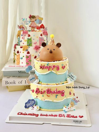 Bánh 2 tầng gấu 18-12, Bánh Sinh Nhật 2 tầng, Bánh Sinh Nhật bánh tầng, Bánh Sinh Nhật gấu, Bánh Sinh Nhật bé gái - Bánh Sinh Nhật Long Biên