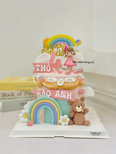 Bánh bé gái sz 16 dáng cao, Bánh Sinh Nhật Bé gái, Bánh Sinh Nhật cầu vồng, Bánh Sinh Nhật gấu - Bánh Sinh Nhật Long Biên