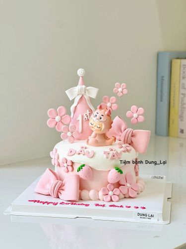 Bánh bé rồng tone hồng dâu sz 16, Bánh Sinh Nhật Bé rồng, Bánh Sinh Nhật bé gái, Bánh Sinh Nhật rồng, Bánh Sinh Nhật dâu tây - Bánh Sinh Nhật Long Biên