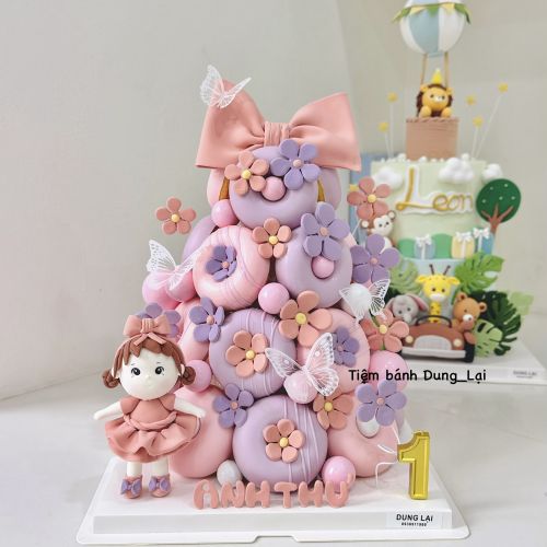 Tháp bánh donut bé gái tone hồng tím