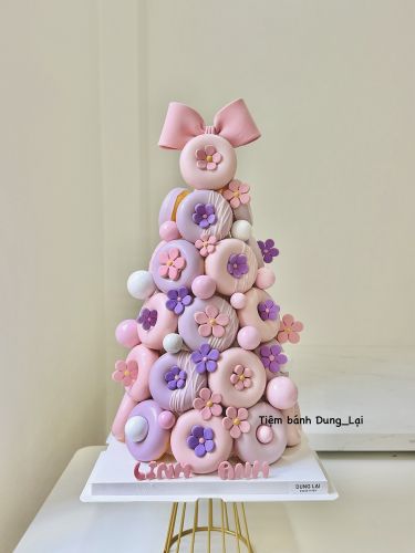 Tháp bánh donut tone hồng tím 32 bánh - Bé gái