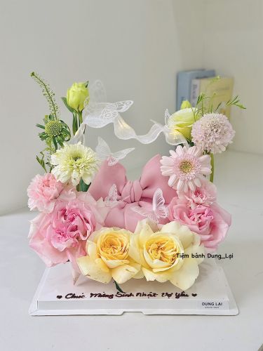 Bánh hoa tươi nơ hồng sz 16, Bánh Sinh Nhật Hoa tươi, Bánh Sinh Nhật nơ hồng - Bánh Sinh Nhật Long Biên