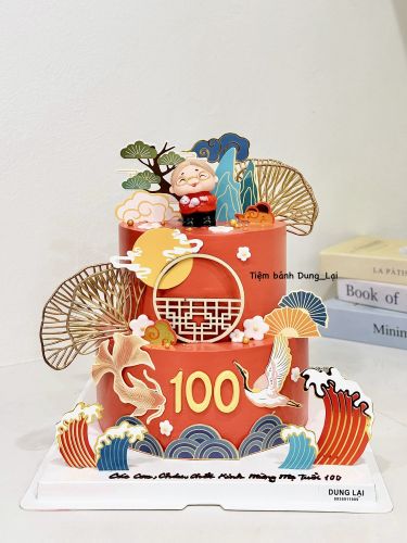 Bánh mừng thọ sz 20-16 tone đỏ, Bánh Sinh Nhật Bánh tầng, Bánh Sinh Nhật 2 tầng, Bánh Sinh Nhật mừng thọ - Bánh Sinh Nhật Long Biên