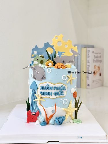 Bánh chủ đề biển tone xanh sz 16 cao, Bánh Sinh Nhật Biển, Bánh Sinh Nhật đại dương, Bánh Sinh Nhật bé trai, Bánh Sinh Nhật bé gái, Bánh Sinh Nhật ocean - Bánh Sinh Nhật Long Biên