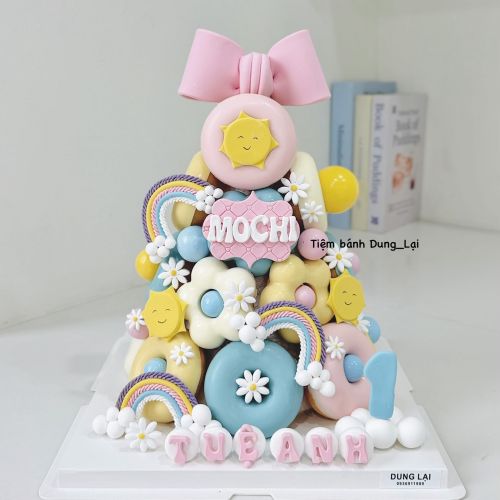 Tháp bánh donut bé gái cầu vồng 17b