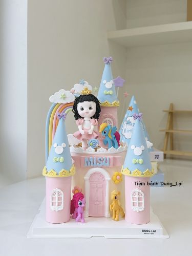 Bánh lâu đài bé gái tone hồng pony unicorn sz 16 cao