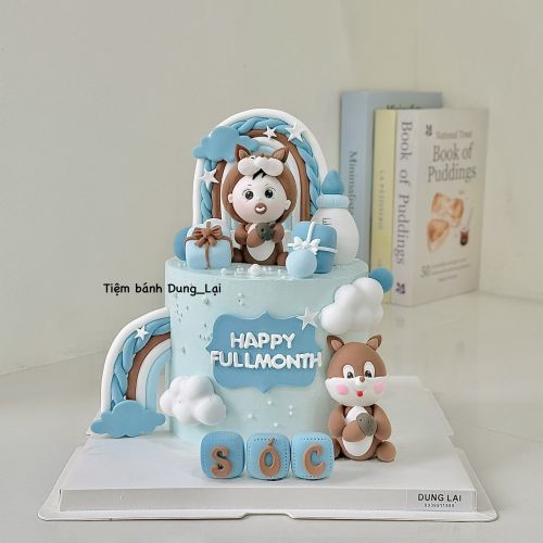 Bánh đầy tháng bé sóc sz 16 cao, Bánh Sinh Nhật Đầy tháng, Bánh Sinh Nhật bé sóc, Bánh Sinh Nhật sóc, Bánh Sinh Nhật bé trai, Bánh Sinh Nhật tone xanh - Bánh Sinh Nhật Long Biên