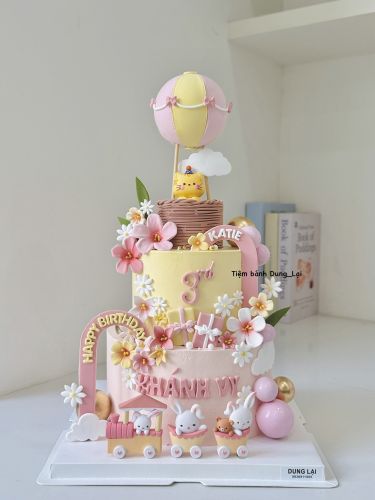 Bánh 2 tầng bé mèo tone hồng vàng sz 20-14