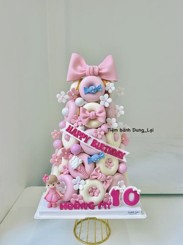 Tháp bánh donut tone trắng hồng 30b - Bé gái